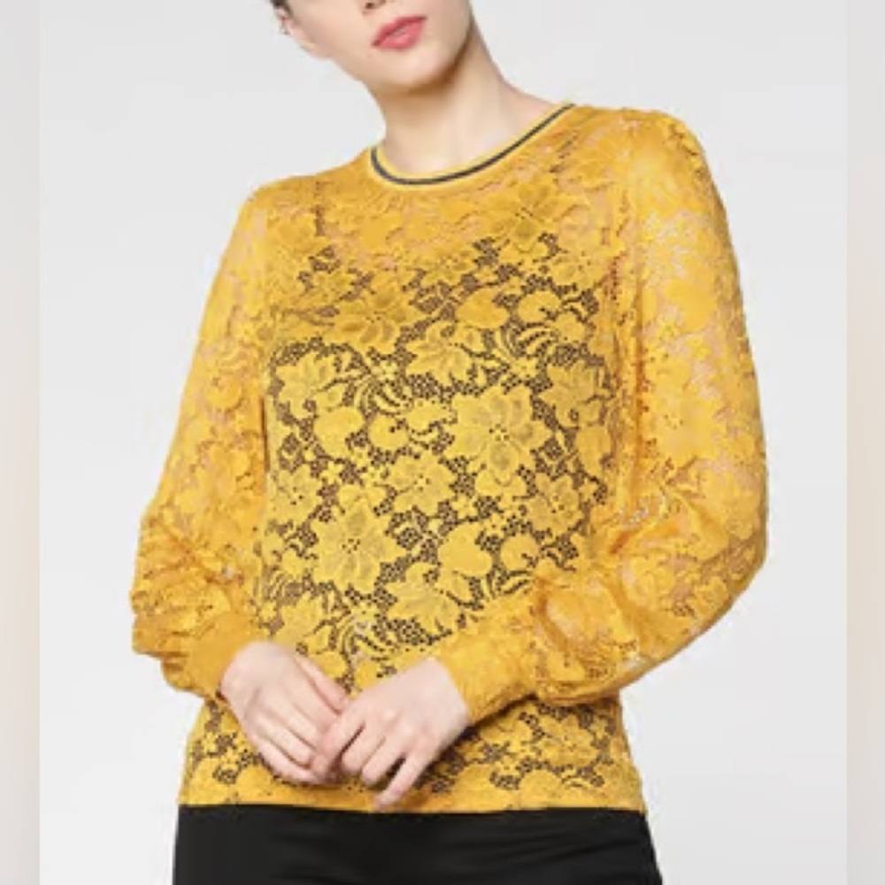By Only Yellow Mustard lace Work long Sleeve Top Romantic Small